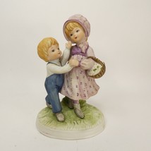 Lefton Figurine Girl Boy Basket Flowers Dress Bonnet 5"  Lavender  00054  ADKD4 - $18.00