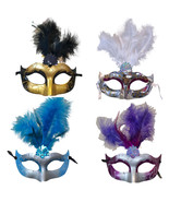 12 Gold, Silver, Turquoise,  Purple Fan Feather Masks Mardi Gras Masquer... - £22.59 GBP