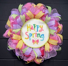 Handmade Springtime Wreath Happy Spring Front Door Decor 23 Inch Deco Mesh - £59.80 GBP