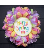 Handmade Springtime Wreath Happy Spring Front Door Decor 23 Inch Deco Mesh - £59.86 GBP