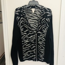 Chicos Eliza Animal Zip Up Knit Cardigan Sz 3 XL Zebra Black/Silver Sweater - £18.48 GBP