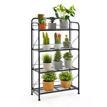 4-Tier Folding Plant Stand with Adjustable Shelf and Feet-Black - £85.92 GBP