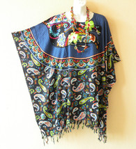 KB1 Blue Paisley Batik Women Plus Poncho Caftan Hippie Tunic Blouse Top up to 5X - £19.85 GBP