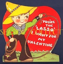 COWBOY with LASSO Love Die Cut 1940s Valentines Card Yeee Haw! Cute Unus... - $8.99