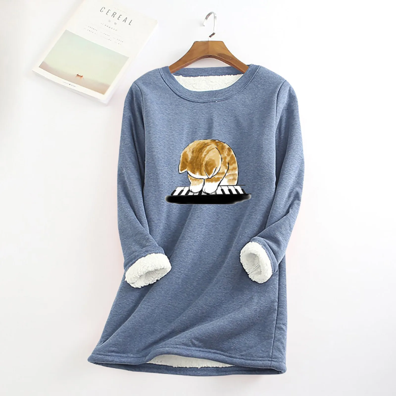 Women Thick Fleece Sweatshirt Korean Cute Cat Print   Autumn Winter Warm O-neck  - £104.65 GBP