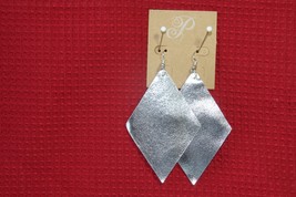 Plunder Earrings (New) Brighton - Leather, Silver Textured Diamonds 4" Drop - $18.31