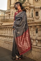 Black Soft Silk Saree With Blouse Piece \\ Handloom Weaving \\ designer elegant  - £73.22 GBP