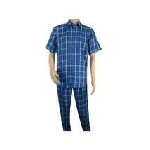 Men INSERCH premium Soft Cool Linen  2pc Walking Leisure suit 7098 Blue Plaid image 2