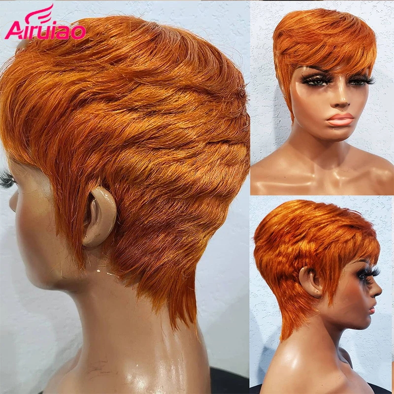 Orange Ginger Pixie Cut Short Bob Full Machine Made Wig With Bangs Human Ha - £69.01 GBP+