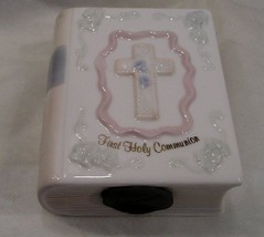 All White First Holy Communion Book Piggy Bank w/PINK Accents &amp; Gold Writing - £8.03 GBP