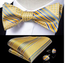 Self-Tie Bowtie, Hanky, &amp; Cufflinks: Yellow &amp; Lt. Blue Stripe - £15.84 GBP