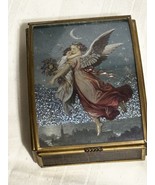 Vintage Jewelry Box Trinket Glass Brass w Lovely Foil Angel Mirror Lid S... - $514.06 MXN
