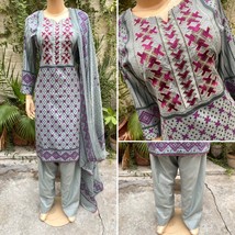 Pakistani Gray Printed Straight Shirt 3-PCS Lawn Suit w/ Threadwork ,XL#1 - £42.84 GBP