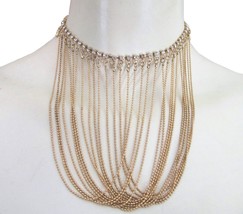 Gold Draped Bib Necklace with Rhinestone Festoon Choker vtg - $21.78