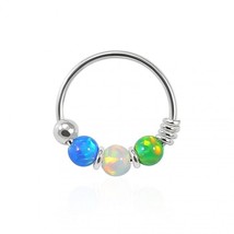 Multi-Color Opal Beaded 925 Sterling Silver Spring Coil 22G Nose Hoop Ring 8mm - £33.18 GBP