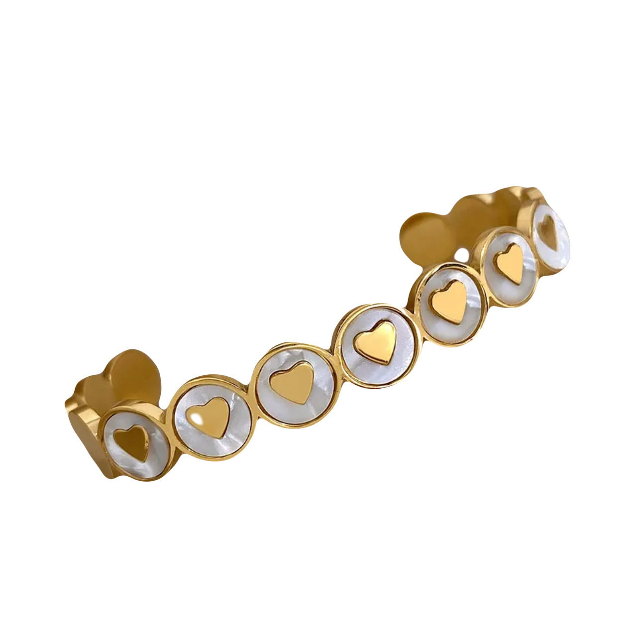 White Shell and Gold Heart Stainless Steel Cuff Bangle