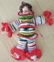 Clown Handmade Vintage 1960s Crochet Doll Yarn Disc 18&quot; Orange Green Red Yellow  - £23.30 GBP