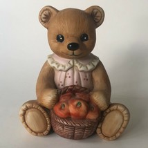 Homco Vintage Teddy Bear Holding a Basket of Apples #1405 Figurine Pink Dress 4&quot; - £11.01 GBP