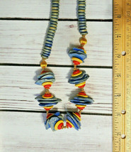 Vintage chunky multicolor UFO wood saucer disc beaded Necklace blue red yellow - £19.77 GBP