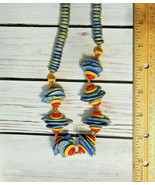 Vintage chunky multicolor UFO wood saucer disc beaded Necklace blue red ... - £19.60 GBP