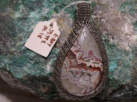 Handmade Crazy Lace Agate Pendant Wire Wrap In Sterling Silver Tiney Drusy&#39;s - £115.10 GBP