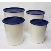 Vintage Tupperware Canisters One Touch White Blue Lids 8 Piece - £46.35 GBP