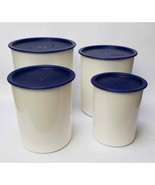 Vintage Tupperware Canisters One Touch White Blue Lids 8 Piece - £46.67 GBP