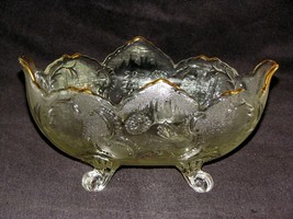 Vint. Clear Glass Bowl, 10&quot; Etched Flower and Leaf Design with Gold Trim... - $24.60