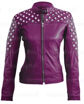 New Woman&#39;s Purple Quilted Silver Studded Cowhide Biker Real Leather Jacket-981 - £203.97 GBP