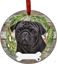 Pug Black Dog Wreath Ornament Personalizable Christmas Tree Holiday Deco... - £11.28 GBP