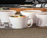 4~SAVINIO Designs~LARGE~Crock Mug~SOUP CUP With Lids~Embossed~3 3/4&quot;x4.5&quot; - £42.82 GBP