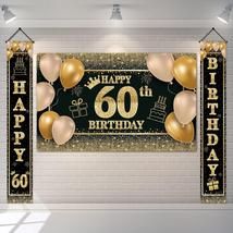 60Th Birthday Decorations for Women Men, Black Gold Happy Birthday Banner Porch - £24.37 GBP
