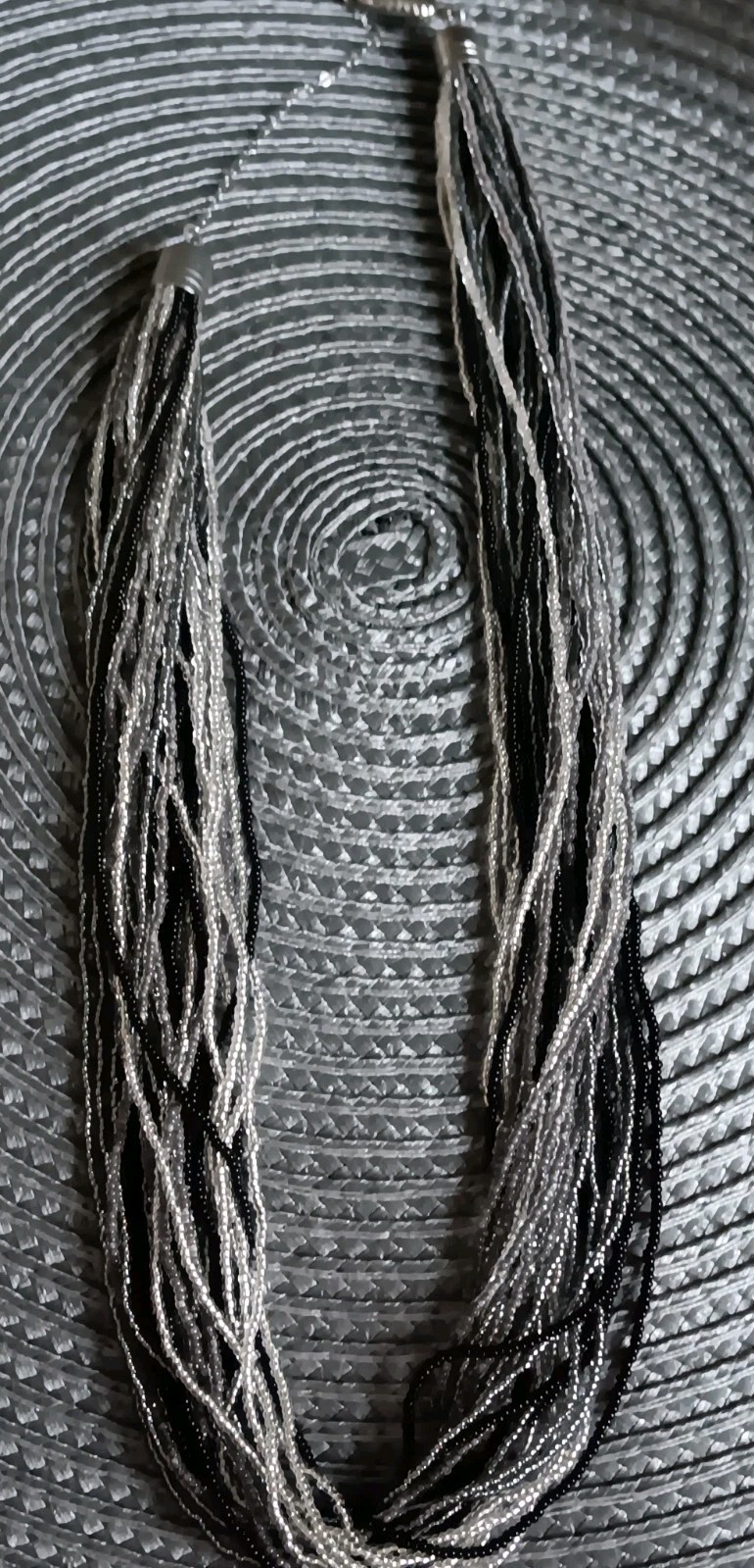Vintage Black, Silver And White Seed Bead Necklacew/ Silver Tone Caps  - £6.71 GBP