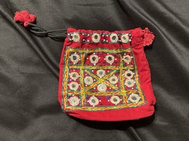 Handmade Red Cotton Drawstring Pouch Bag Mirror Embroidery Made in India - $327.76 MXN