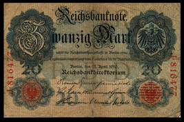 Germany Reicksbank P40a, 20 Mark, eagle arms / scrollwork 1910 VG $20 Cat. Val.! - £1.59 GBP