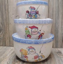 *3* Snowman Ceramic Nesting Mixing Bowls Set VTG 90s Kitchen Blue Winter Whimsy - £19.93 GBP