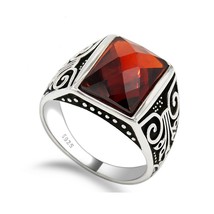 925 Sterling Silver Men Ring with Rectangle Red Stone Vintage Punk Style Finger  - £38.79 GBP