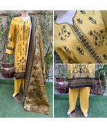 Pakistani Yellow Printed Straight Shirt 3-PCS Lawn Suit w/ Threadwork ,XL#2 - $77.33 CAD