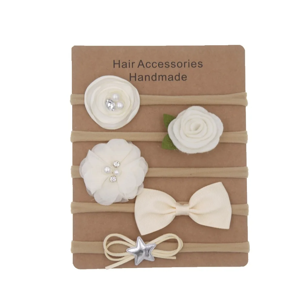 Play 5pcs/Lot New Nylon Elastic Headband Baby Solid Knot Flower Fabric HairA Set - £23.15 GBP