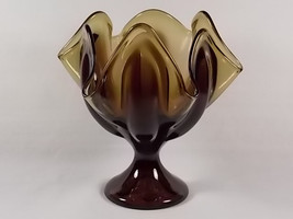 Viking Glass Epic 6 Petal Brown Pulled Up Stretched Crimped Compote 1436... - $59.00