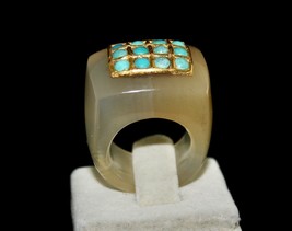 ANTIQUE YELLOW CHALCEDONY GEMSTONE BLUE TURQUOISE 22K GOLD CLASSIC STONE... - £336.28 GBP