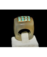 ANTIQUE YELLOW CHALCEDONY GEMSTONE BLUE TURQUOISE 22K GOLD CLASSIC STONE... - £337.79 GBP