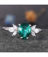 White gold emerald engagement ring women art deco ring moissanite weddin... - £450.05 GBP