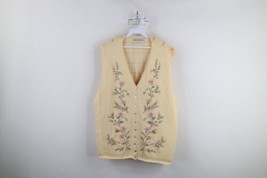 Vintage 90s Country Primitive Womens 2X Embroidered Flower Knit Sweater Vest - $59.35