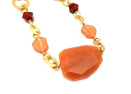 Chico&#39;s Statement Necklace &amp; Earrings Matte Gold Red Peach Glass Pierced Ears - £18.79 GBP