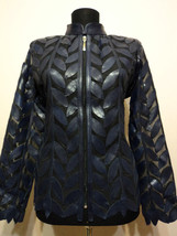 Navy Blue Leather Leaf Jacket Women All Colours Sizes Genuine Zippper Sh... - $225.00