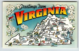 Postcard Greetings From Virginia Map Chrome State Flower Dogwood Cardinal Bird - £7.09 GBP