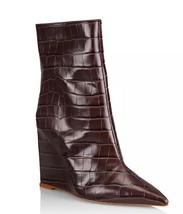 SCHUTZ Asya Croc-Embossed Leather Short Wedge Boot, Dark Chocolate (Size 5 B) - £47.74 GBP