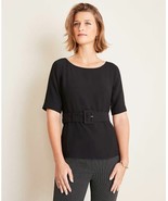 New Ann Taylor Black Crepe Belted Boat Neck Short Sleeve Blouse Top 0 4 - £31.52 GBP