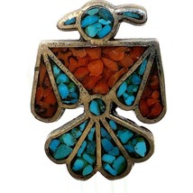 Vtg Sterling Silver Native American Turquoise and Coral Thunderbird Ring 4 3/4 - £58.40 GBP